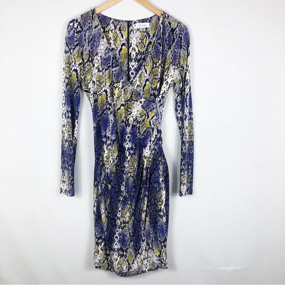 Calvin Klein Snake Print Faux Wrap Dress | Purple Yellow | Size 6